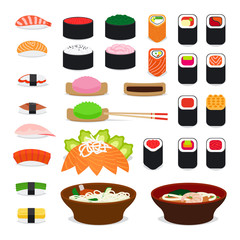 Asia food icons. Sushi and sashimi, noodle and miso soup icons on white background. Vector illustration - obrazy, fototapety, plakaty