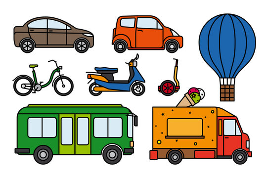 City transport set of colorful flat linear icons on white background. Images of cars, bus, scooter, bike and aerostat. Vector illustration
