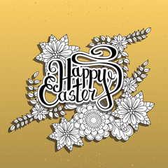 Happy Easter card. Easter holiday background. Hand drawn lettering. Floral pattern on golden background. Vintage card. Vector illustration