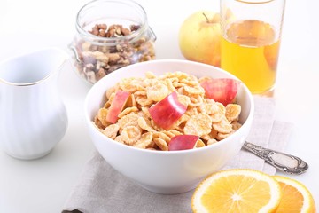 Corn and rice flakes with a fresh apple, Muesli with Apple slice