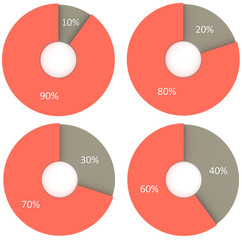 set of 10 20 30 40 percent red and grey pie diagrams isolated on white