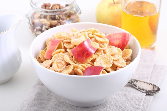 Corn and rice flakes with a fresh apple, Muesli with Apple slice
