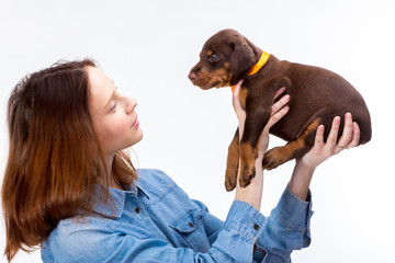 Red girl with puppy