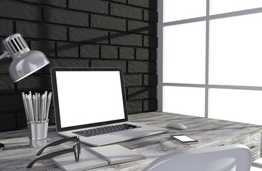 3D illustration laptop and work stuff on table near brick wall, Workspace