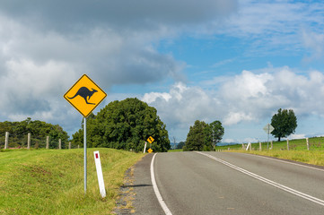 Australian outback road with kangaroo road sign
