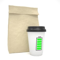 Coffee to go and lunch bag, on white.