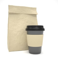 Coffee to go and lunch bag, on white.