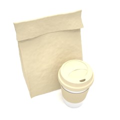 Coffee to go and lunch bag, on white.