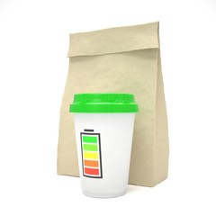 Coffee to go and lunch bag, on white.