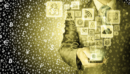 Business man using smart phone with social media icon set