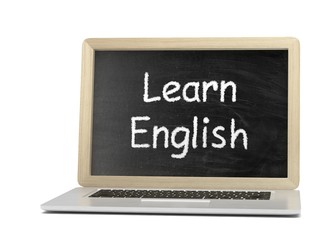  Laptop with chalkboard, learn english, online education concept