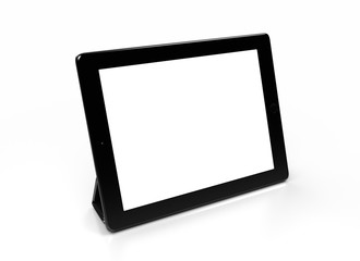 Black tablet computer on white background.