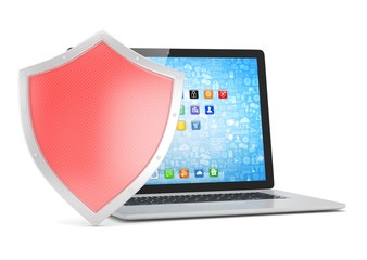 Laptop and shield on white, computer security concept