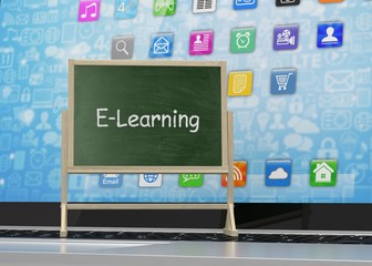  Laptop with chalkboard, e-learning, online education concept