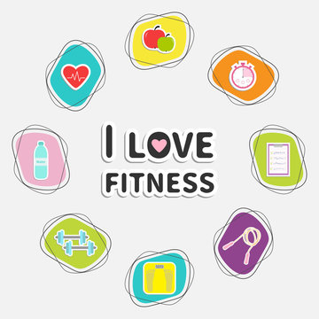 I love fitness icon set isolated. Round frame. Timer, whater, dumbbell, apple, jumping rope, scale, note heart. Flat design