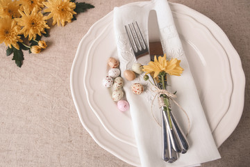 Easter table setting copy space background, selective focus