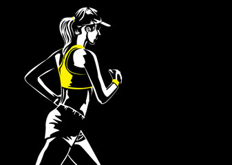 Backside of woman wearing cap and jogging. Illustration about workout and sport of woman in retro style dark tone.