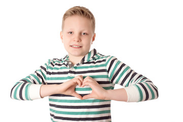 Young boy shaped a heart over the white