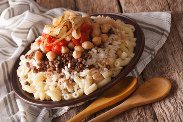 kushari of rice, pasta, chickpeas and lentils close up. Horizontal
