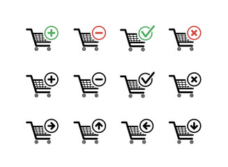Set of black shopping carts icons with add, delete and move signs