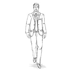 Fototapeta na wymiar Vector Sketch Men Model in Suit. Business Dress Code.
