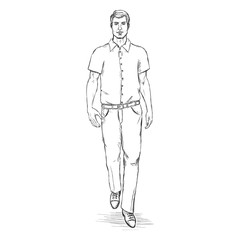 Vector Sketch Men Model in Short Sleeve Shirt. Business dress code.