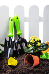 garden tools on the ground isolated on white