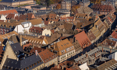 Various tiled roofs of historical buildings in Strasbourg city center