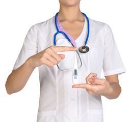 Medical female doctor shows in hand digital thermometer