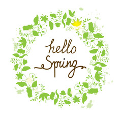 a beautiful pattern of green flowers in a circle and the words Hello spring, spotted on a white background