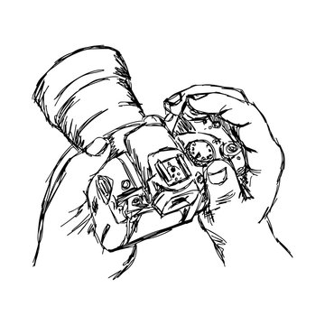 illustration vector doodle hand drawn of sketch hand holding camera
