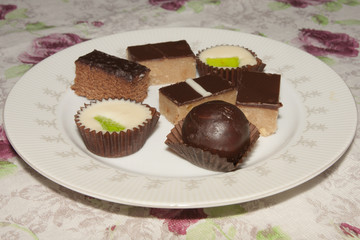 Chocolate cookies on light background on plate