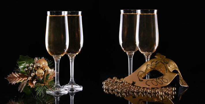 Carnival mask and glasses with champagne on a dark background