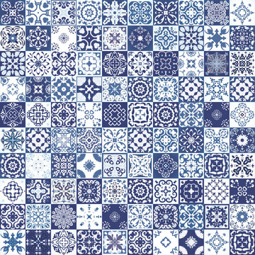 Gorgeous floral patchwork design. Moroccan or Mediterranean square tiles, tribal ornaments. For wallpaper print, pattern fills, web page background, surface textures. Indigo blue white teal aqua