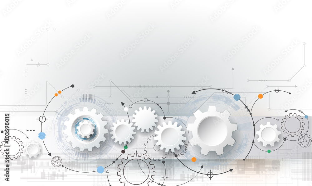 Poster Vector illustration gear wheel and circuit board, Hi-tech digital technology and engineering, digital telecom technology concept. Abstract futuristic on light blue color background