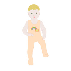 A little boy walks in crawlers. Happy baby makes the first step.