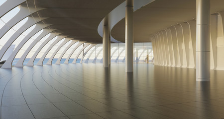 3d rendering.Modern airport passenger terminal. Empty hall interior with ceramic floor to ceiling windows and scenic background