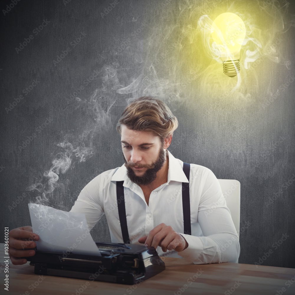 Poster composite image of hipster using typewriter at desk in office