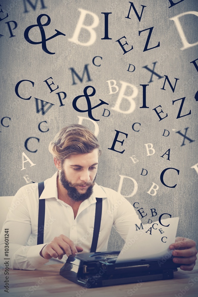 Poster composite image of hipster using typewriter at desk in office