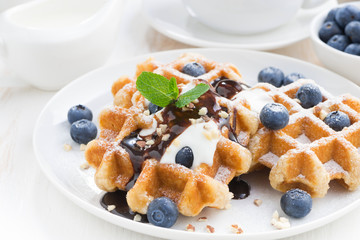 waffles with blueberries, cream and chocolate sauce, close-up