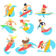 Surfing People. Vector Illustration Set