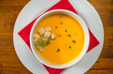 Vegetable potage served in a white bowl