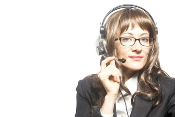 Support phone operator with eyeglasses in headset