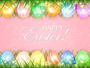 Pink Easter background with eggs in grass
