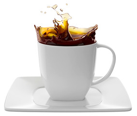 Cup of coffee with splashes, isolated on white