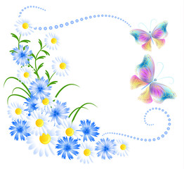 Fototapety  Ozdoba kwiatowa i motyle na białym tle