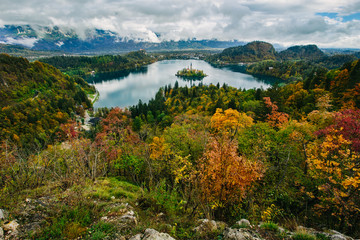 Breathtaking aerial panoramic view of Lake Bled, Slovenia, Europe(Osojnica)