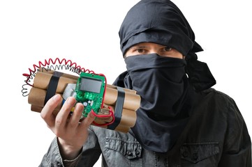 Terrorism concept. Terrorist holds dynamite bomb in hand. Isolated on white background.