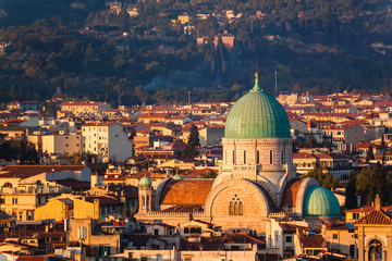 Zoomed detail aerial view of Florence at the evening. Tuscany, Italy