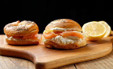 Healthy freshly baked bagel filled with smoked salmon lax and cream cheese